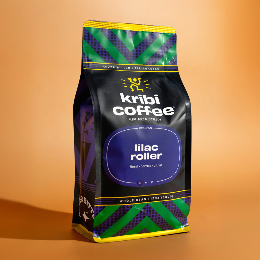 Bag of Kribi Coffee Lilac Roller whole bean coffee, air roasted