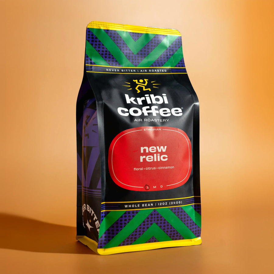Bag of Kribi Coffee New Relic whole bean coffee, air roasted
