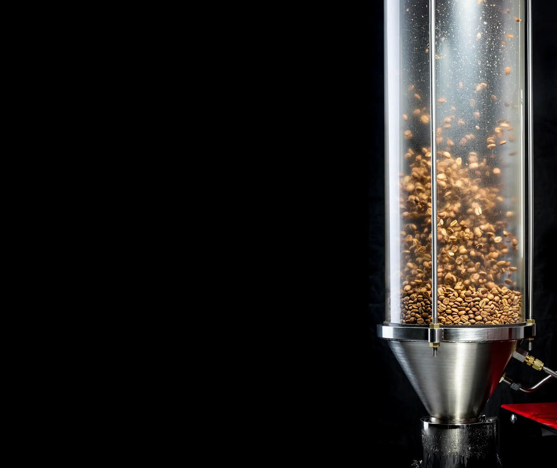 Coffee beans turning brown as they float in the clear chamber of a Kribi air roaster