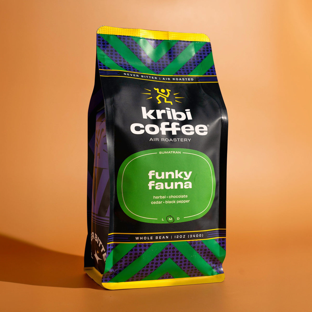 Bag of Kribi Coffee Funky Fauna whole bean coffee, air roasted