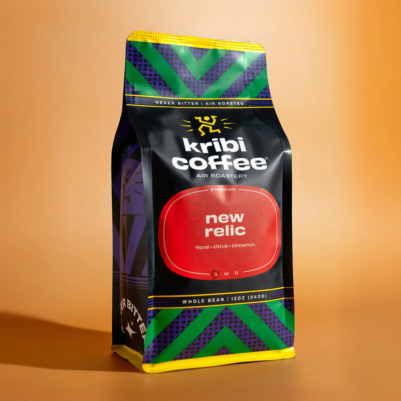 Bag of Kribi Coffee New Relic whole bean coffee, air roasted