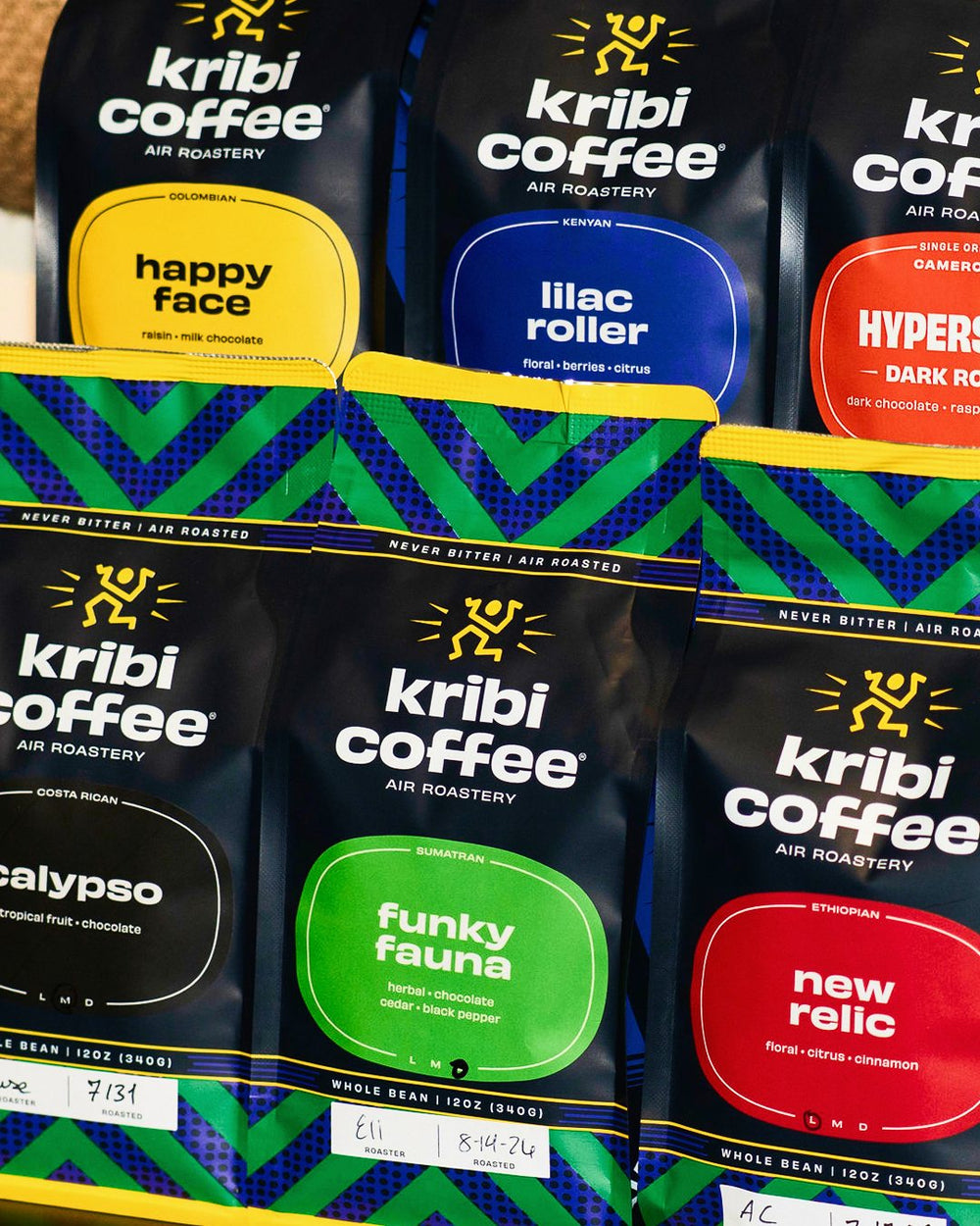 Kribi Coffee bags lined up on the shelf