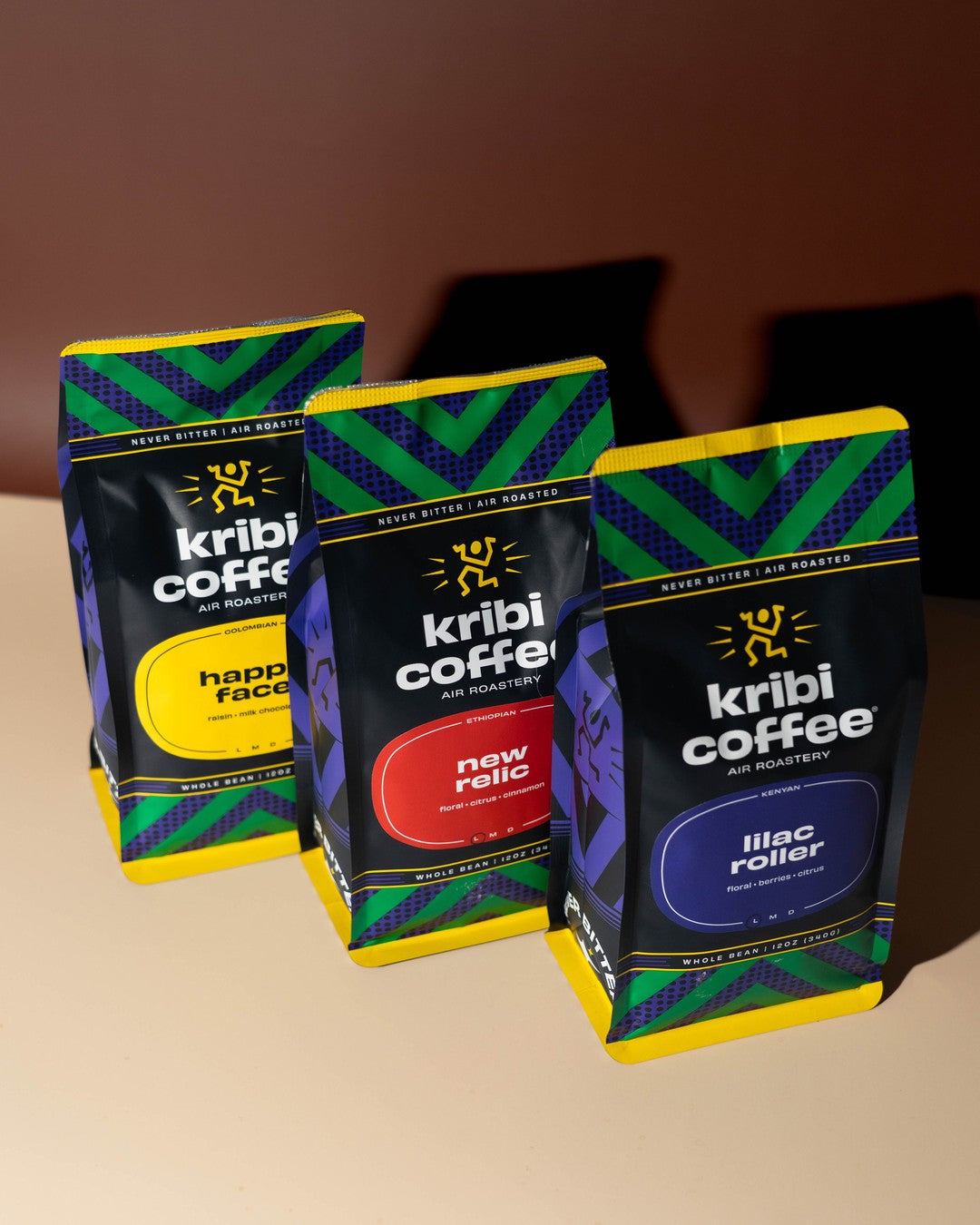 Three bags of Kribi Coffee on a table